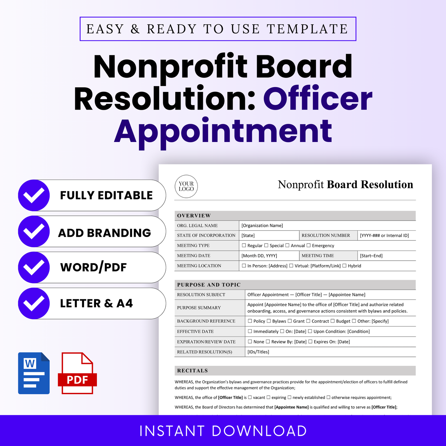 Editable nonprofit board resolution template for officer appointment with clean minimalist design, includes Word and PDF formats, US Letter and A4 sizes, branding-ready governance document for board approval and onboarding