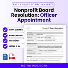 Editable nonprofit board resolution template for officer appointment with clean minimalist design, includes Word and PDF formats, US Letter and A4 sizes, branding-ready governance document for board approval and onboarding