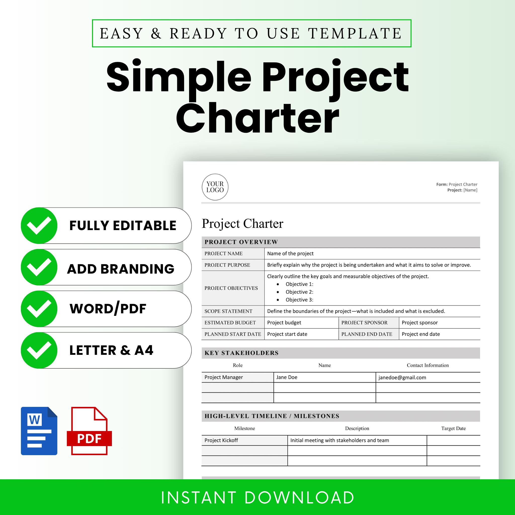 Project Quick Charter Example Simple Project Charter Template (Word, PDF) – QuickBizDocs