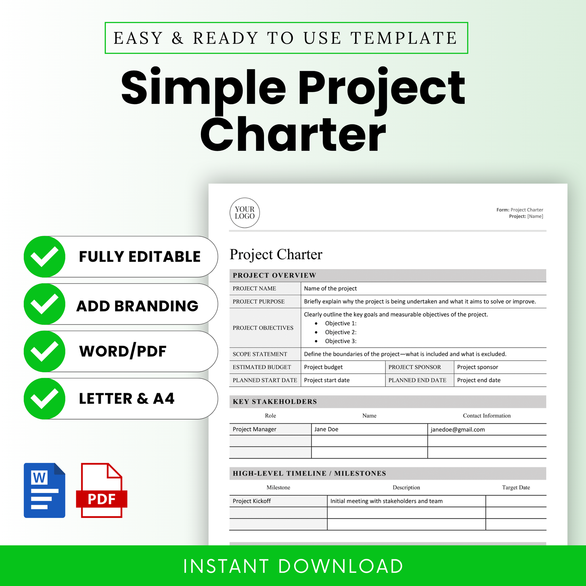 Editable “Simple Project Charter” template shown with features like Word/PDF formats, branding options, and compatibility with Letter & A4 sizes.