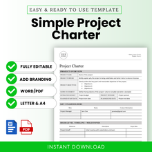 Editable “Simple Project Charter” template shown with features like Word/PDF formats, branding options, and compatibility with Letter & A4 sizes.