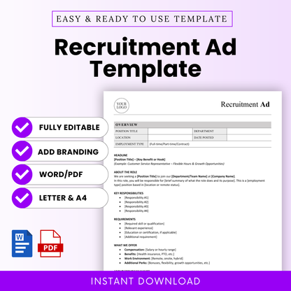 Editable recruitment ad template cover design with clean modern layout, hiring template for job postings, HR document Word and PDF instant download, small business hiring tool