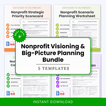 A comprehensive nonprofit strategic planning templates bundle featuring visioning worksheets, big-picture planning tools, and editable templates designed to support long-term organizational growth and decision-making. All templates in Word and PDF.