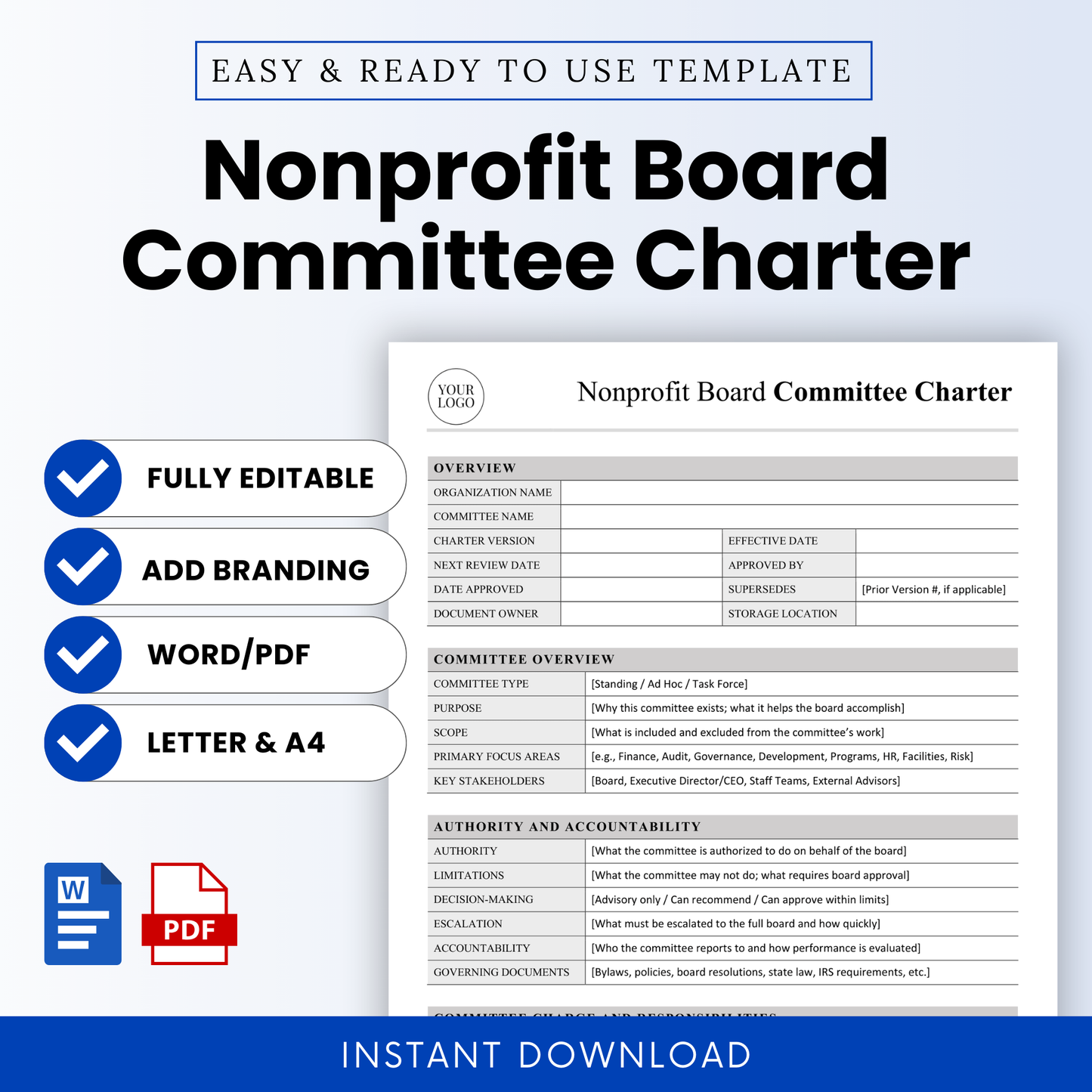 Editable nonprofit board committee charter template with clean layout, Word and PDF formats, customizable branding, US Letter and A4 sizes, professional governance document for nonprofits