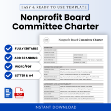 Editable nonprofit board committee charter template with clean layout, Word and PDF formats, customizable branding, US Letter and A4 sizes, professional governance document for nonprofits