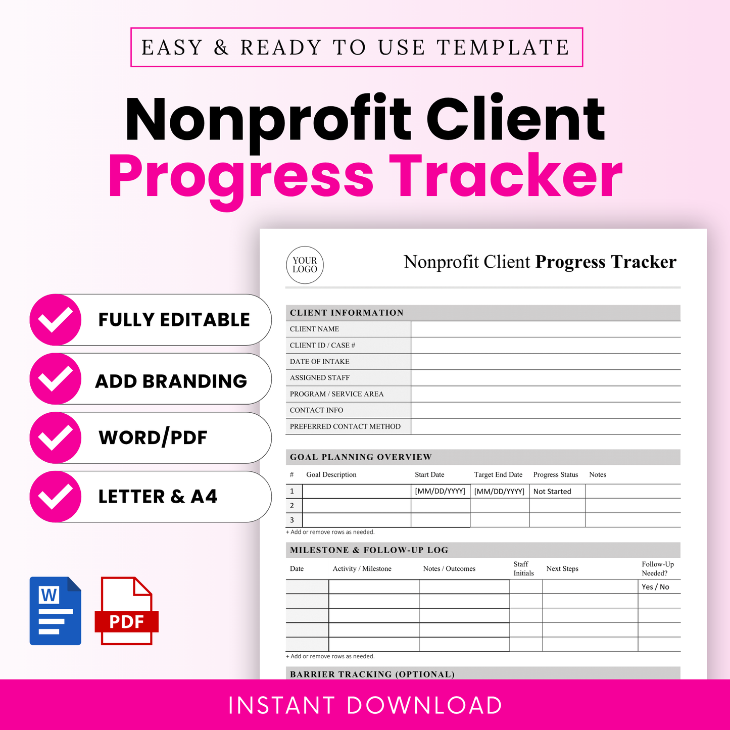 Nonprofit client progress tracker template with editable Word and PDF formats, minimalist design, includes client information, goal tracking, milestone log, and barrier tracking for social services