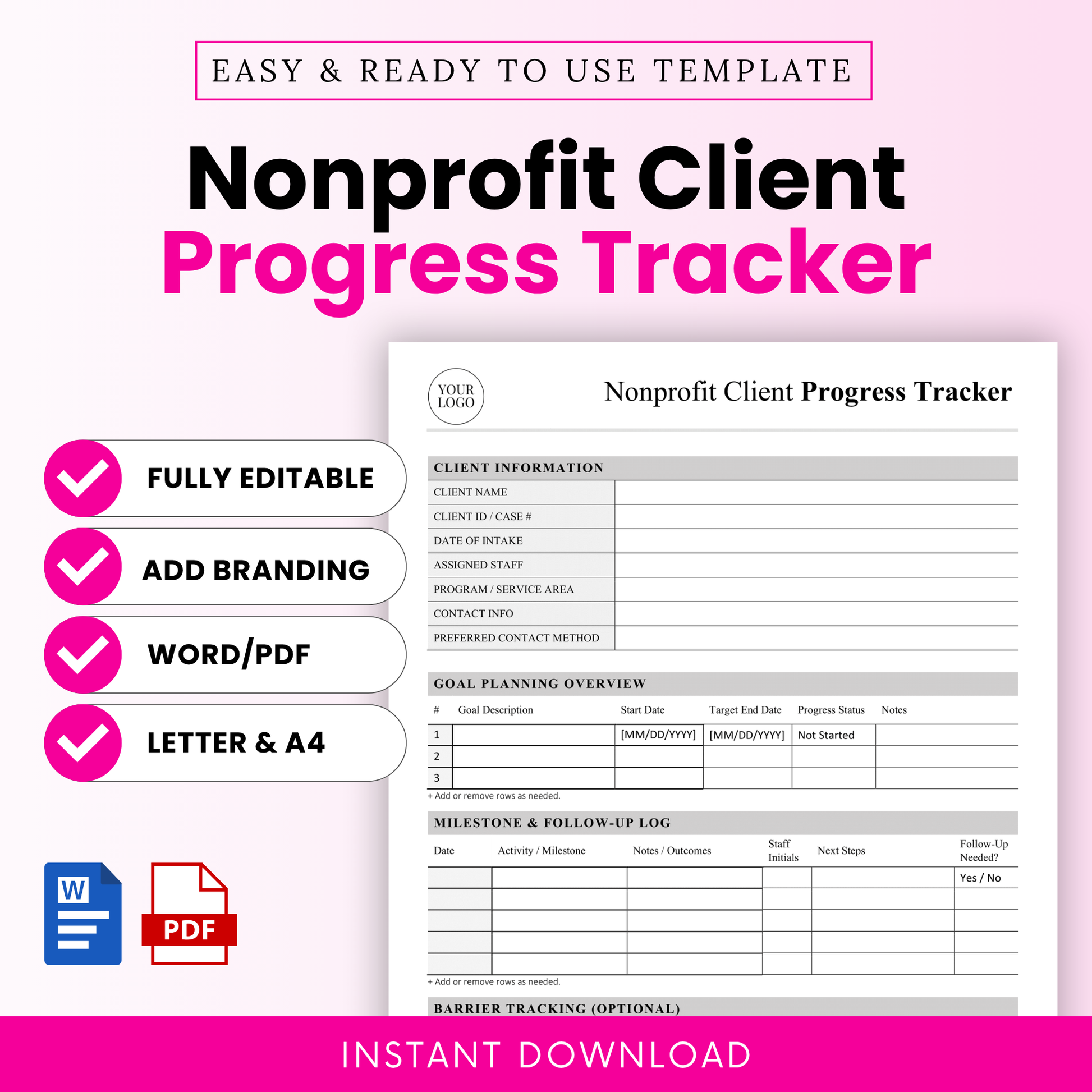 Nonprofit client progress tracker template with editable Word and PDF formats, minimalist design, includes client information, goal tracking, milestone log, and barrier tracking for social services