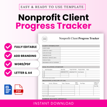 Nonprofit client progress tracker template with editable Word and PDF formats, minimalist design, includes client information, goal tracking, milestone log, and barrier tracking for social services
