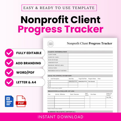 Nonprofit client progress tracker template with editable Word and PDF formats, minimalist design, includes client information, goal tracking, milestone log, and barrier tracking for social services