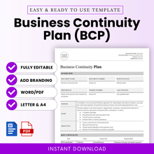 Business Continuity Plan template mockup showing editable features including Word and PDF formats, branding options, and letter & A4 sizes, with a clean layout preview.