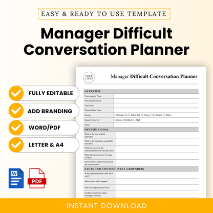 Manager difficult conversation planner template cover with editable Word and PDF formats, includes branding option, US Letter and A4 sizes, professional HR management tool for handling employee conversations