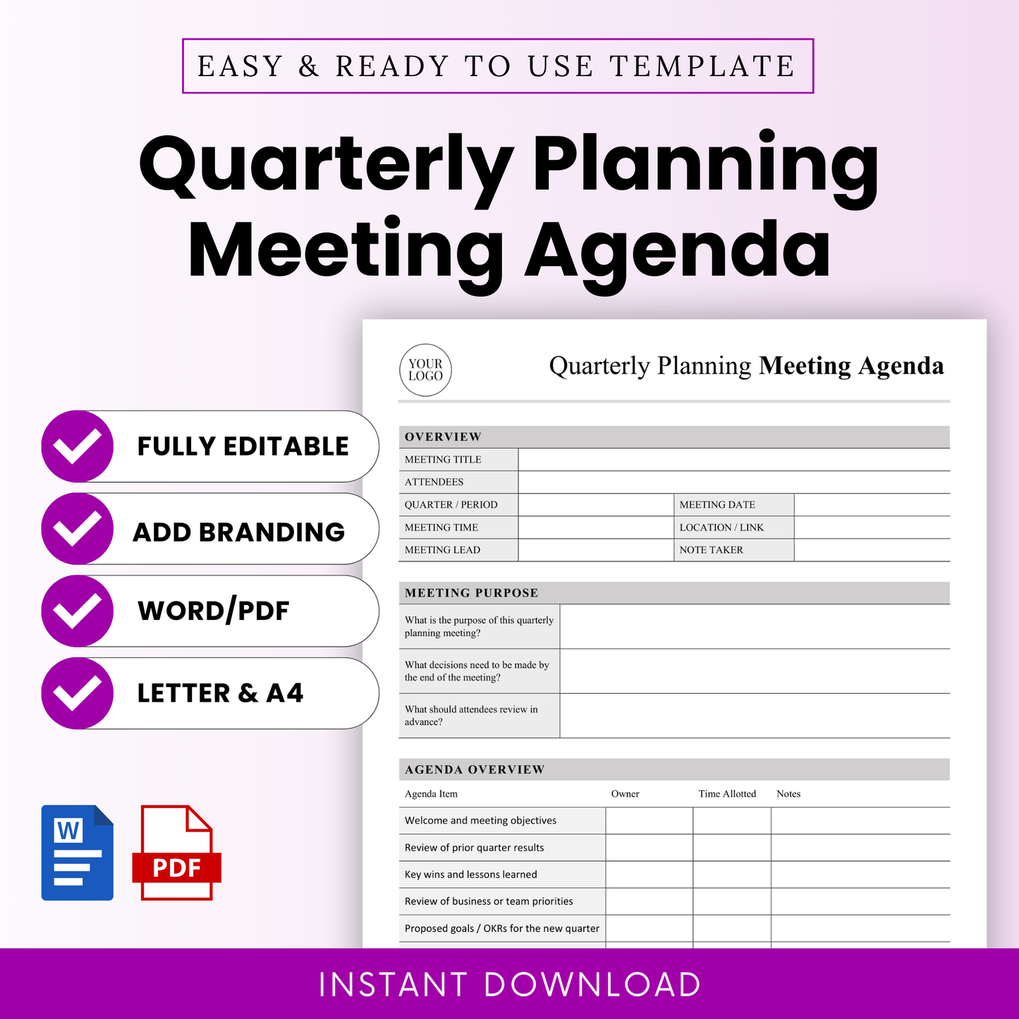 Editable quarterly planning meeting agenda template with clean layout, includes Word and PDF formats, features sections for overview, meeting purpose, agenda items, and notes, designed for business planning and team meetings