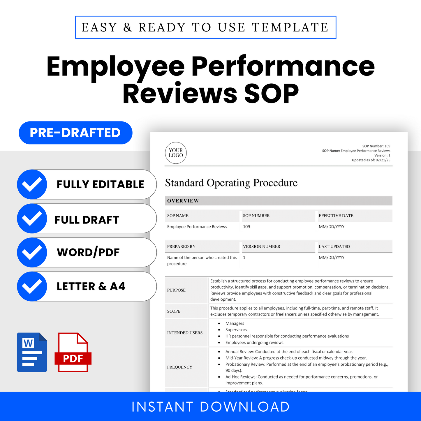 Cover image showing the Employee Performance Reviews SOP template with key features like full draft, editable format, and PDF/Word options in A4 and Letter