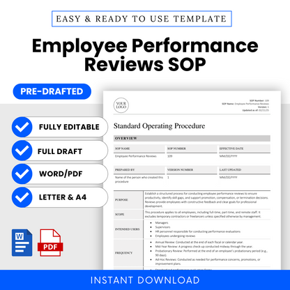 Cover image showing the Employee Performance Reviews SOP template with key features like full draft, editable format, and PDF/Word options in A4 and Letter