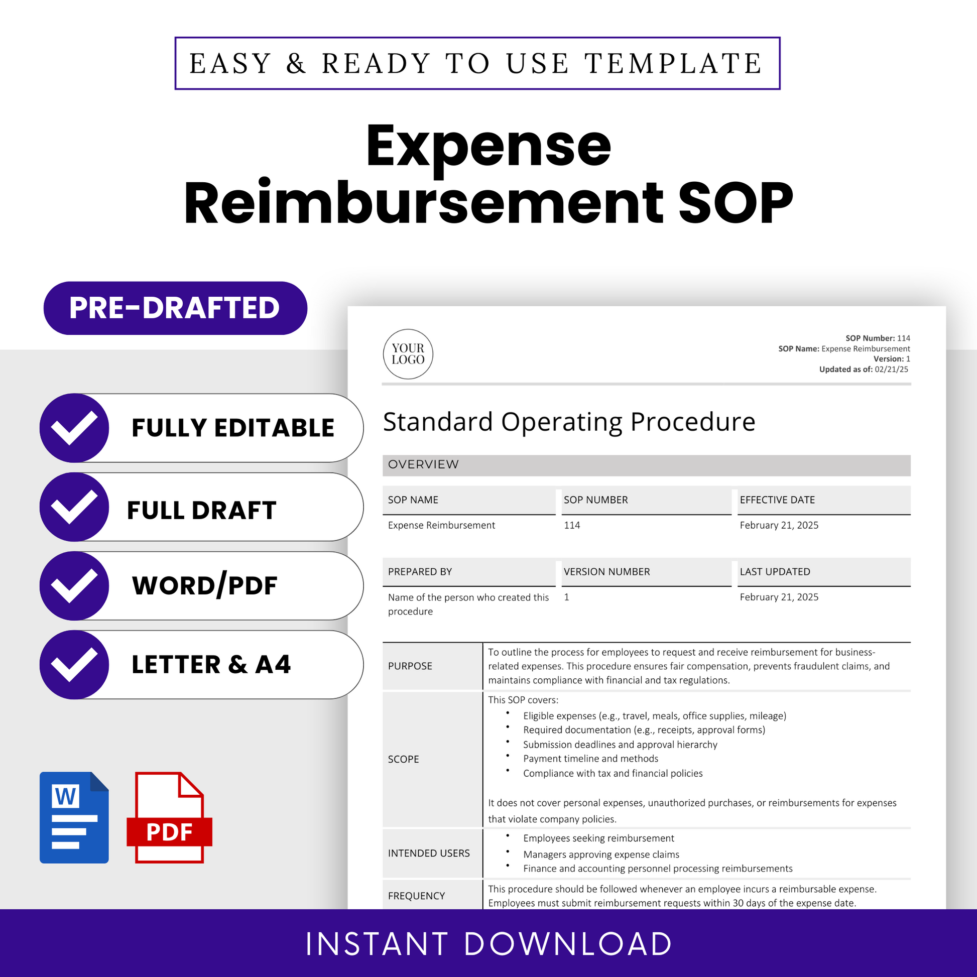 Expense Reimbursement SOP template promotional graphic. Features a preview of the standard operating procedure document, highlighting its purpose, scope, intended users, and requirements. The design emphasizes key features: fully editable, pre-drafted, available in Word and PDF formats, and offered in both Letter (8.5” x 11”) and A4 (8.27” x 11.69”) sizes. Icons for Microsoft Word and PDF indicate file formats.