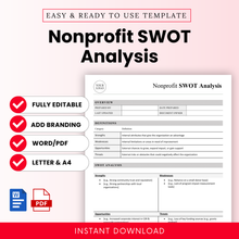 Simple nonprofit SWOT analysis template preview showing editable Word and printable PDF formats with sections for strengths, weaknesses, opportunities, and threats, ideal for strategic planning and grant preparation