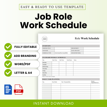 job role work schedule template preview, editable employee role planner, weekly workflow schedule sheet, printable pdf and word document, minimal business template