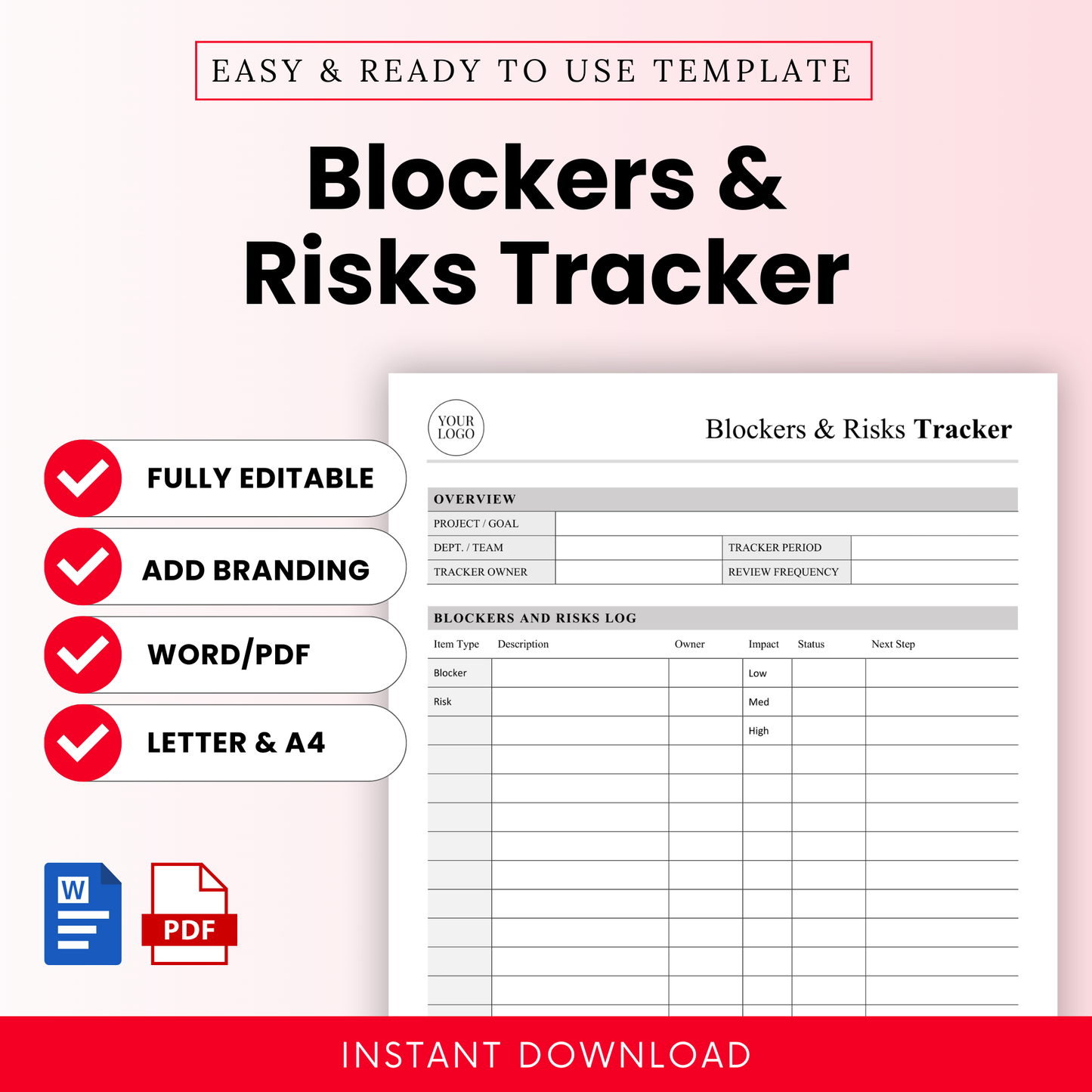 Simple blockers and risks tracker template with editable fields, project overview section, risk log table, and icons highlighting fully editable Word and PDF formats in US Letter and A4 sizes for project management use