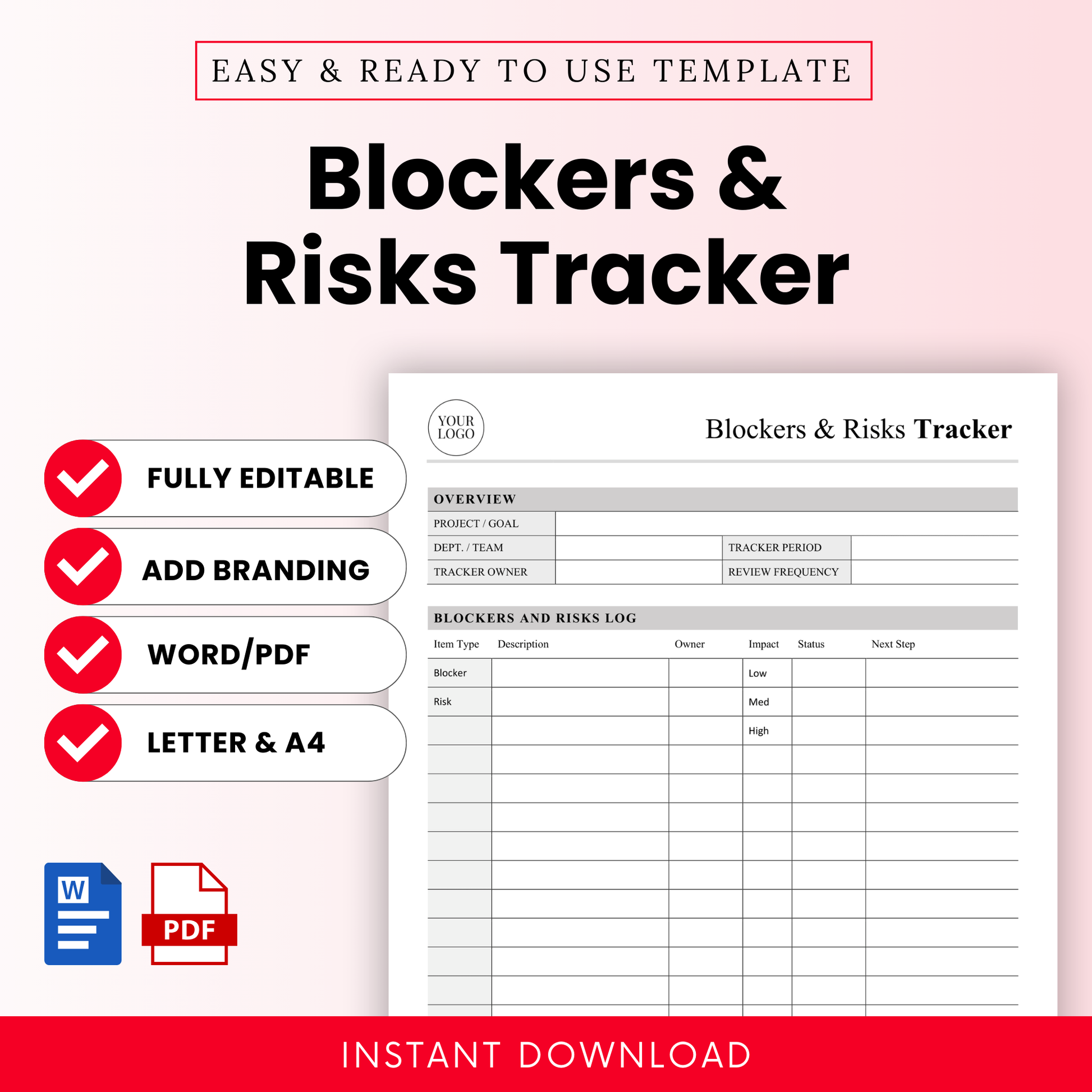 Simple blockers and risks tracker template with editable fields, project overview section, risk log table, and icons highlighting fully editable Word and PDF formats in US Letter and A4 sizes for project management use