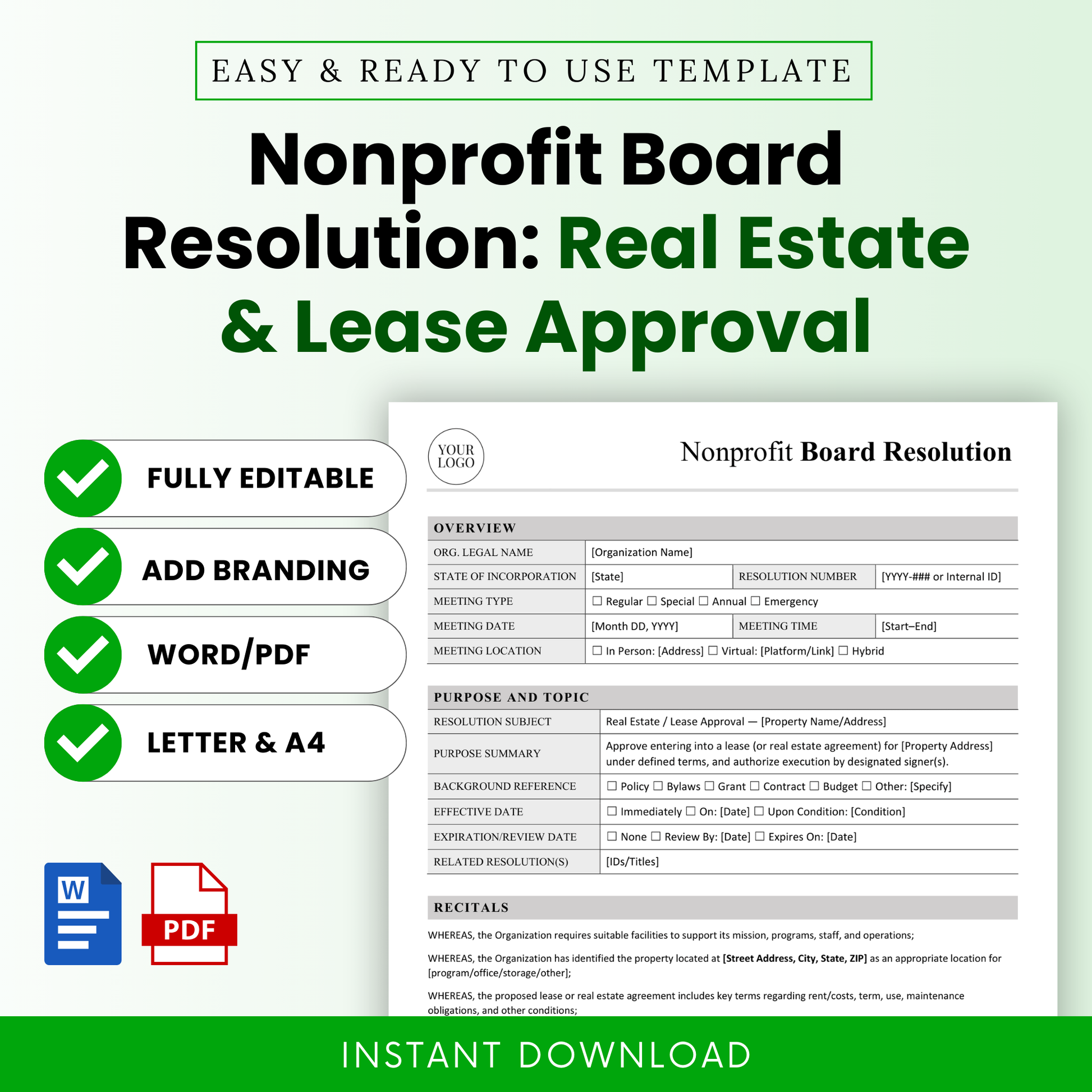Nonprofit board resolution template for real estate and lease approval, editable Word and printable PDF, clean minimalist layout, instant download document for nonprofit organizations