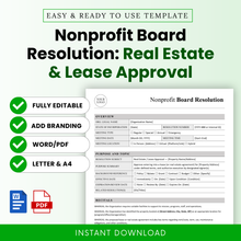 Nonprofit board resolution template for real estate and lease approval, editable Word and printable PDF, clean minimalist layout, instant download document for nonprofit organizations