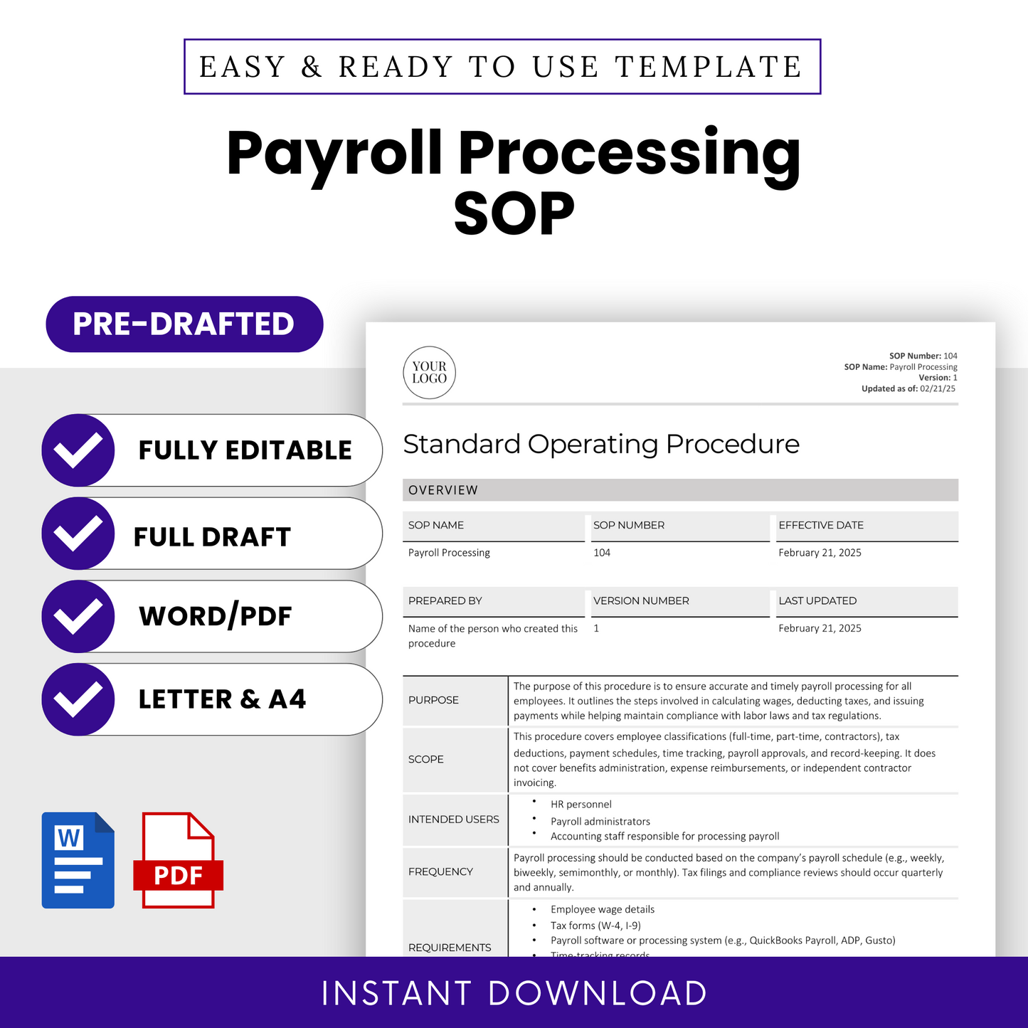 Payroll Processing SOP Template (Word & PDF) – Simple Standard Operating Procedure Template