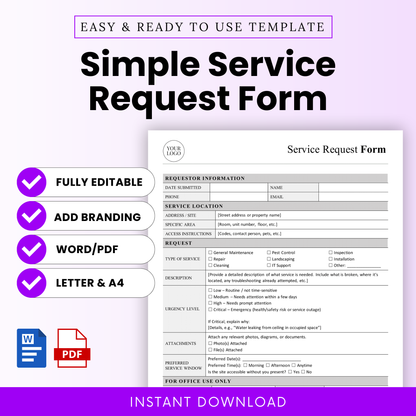 Editable service request form template for maintenance, repair, IT support, and facility requests, clean minimalist design with Word and PDF formats, US Letter and A4 sizes, instant download business form