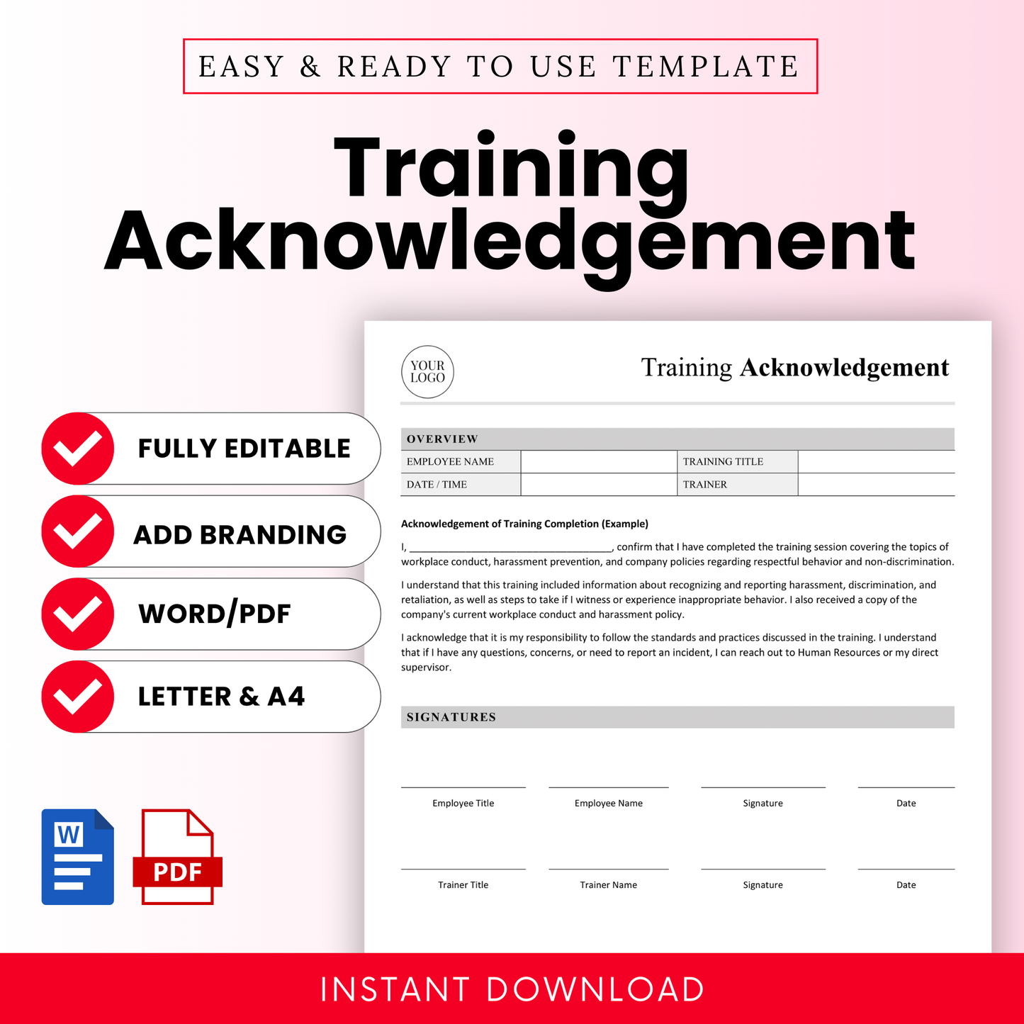 Training Acknowledgement template displayed with editable fields for employee name, training title, date, trainer, and signature section; available in Word/PDF formats and both Letter and A4 sizes.
