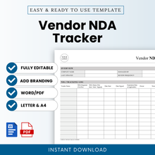 Vendor NDA Tracker Template Word and Vendor NDA Tracker Template PDF shown in a clean, professional layout with editable sections and a minimalist design. This simple Vendor NDA Tracker Template is ideal for businesses managing NDAs, with clear structure for tracking vendor agreements, compliance, and documentation.