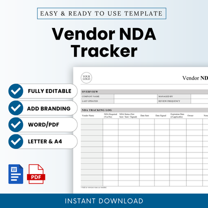 Vendor NDA Tracker Template Word and Vendor NDA Tracker Template PDF shown in a clean, professional layout with editable sections and a minimalist design. This simple Vendor NDA Tracker Template is ideal for businesses managing NDAs, with clear structure for tracking vendor agreements, compliance, and documentation.