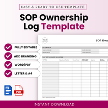 SOP ownership log template cover showcasing editable business process tracker with Word and PDF formats, minimalist design, instant download, and customizable branding features