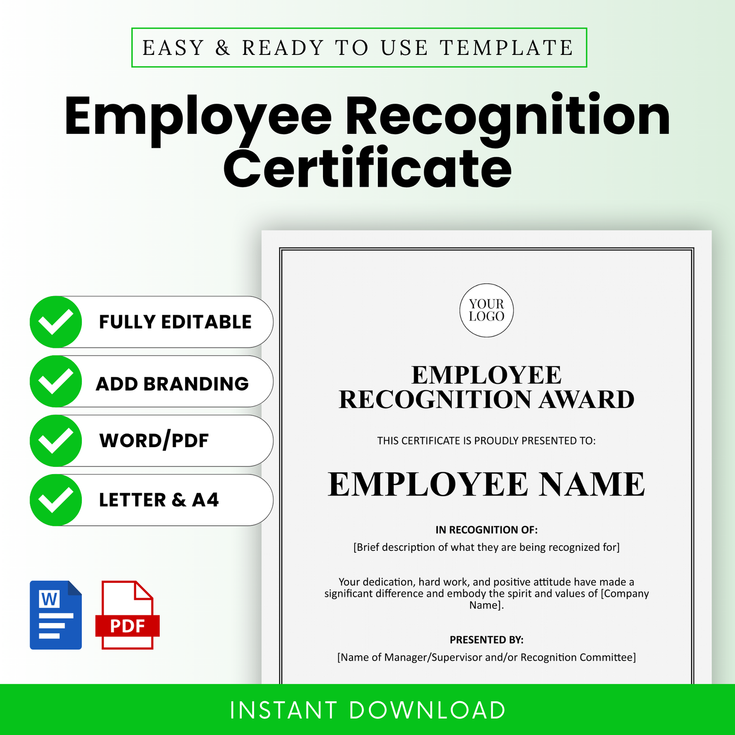 Editable employee recognition certificate template with modern minimalist design, customizable Word and printable PDF, includes branding option, letter and A4 sizes, instant download