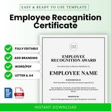 Editable employee recognition certificate template with modern minimalist design, customizable Word and printable PDF, includes branding option, letter and A4 sizes, instant download
