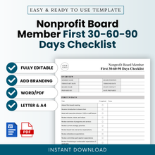 Editable nonprofit board member first 30-60-90 days checklist template listing cover featuring a clean gray and teal design, preview of the checklist worksheet, and highlights for fully editable Word and PDF files in US Letter and A4 sizes for nonprofit onboarding and board orientation