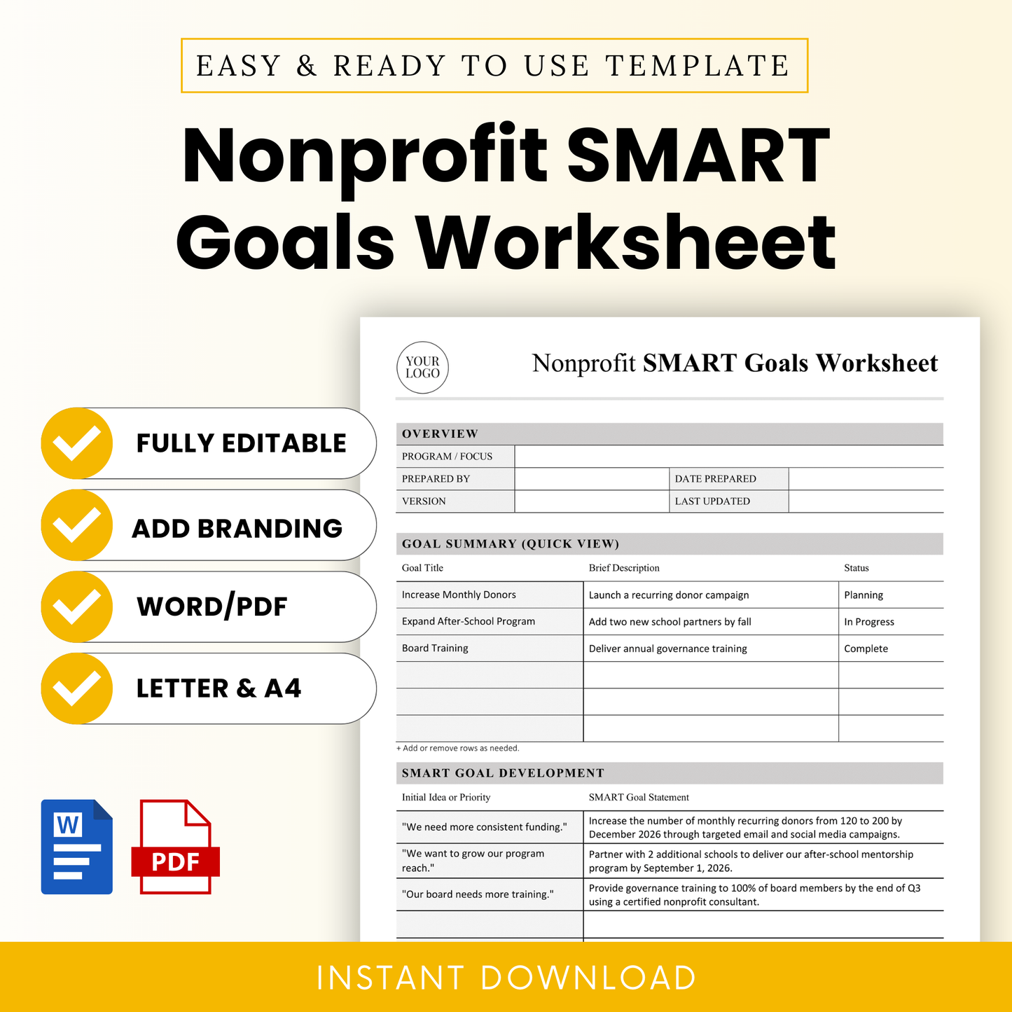 Nonprofit SMART goals worksheet template with clean minimalist design, fully editable Word and PDF, includes goal summary, SMART development table, and nonprofit planning layout
