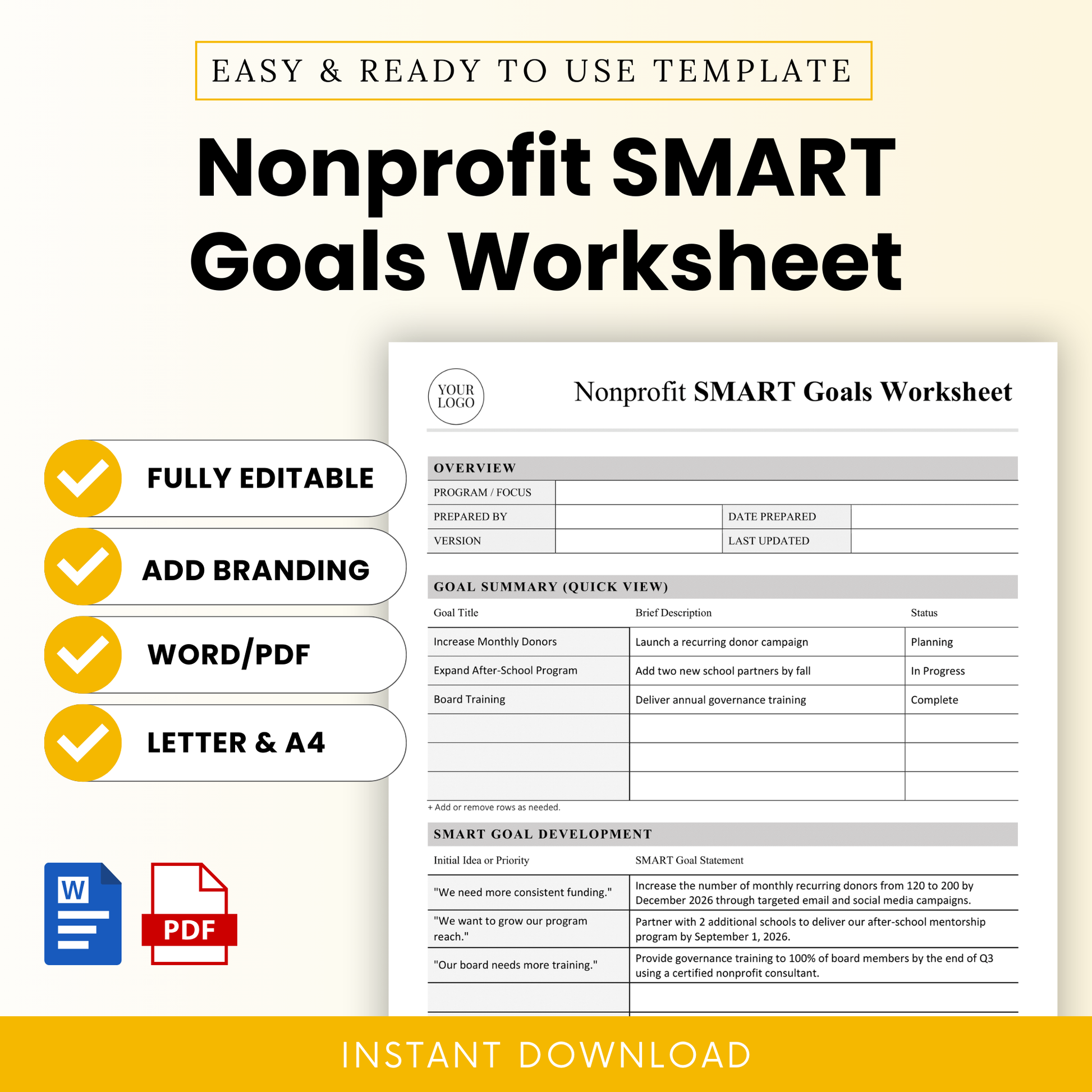 Nonprofit SMART goals worksheet template with clean minimalist design, fully editable Word and PDF, includes goal summary, SMART development table, and nonprofit planning layout