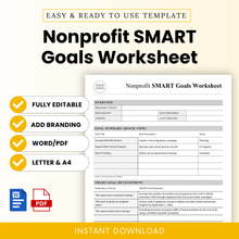 Nonprofit SMART goals worksheet template with clean minimalist design, fully editable Word and PDF, includes goal summary, SMART development table, and nonprofit planning layout