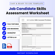 Editable job candidate skills assessment worksheet template cover featuring bold blue and black text, preview of a structured HR evaluation form with sections for candidate details, skills ratings, and observations, designed for professional hiring and recruitment use