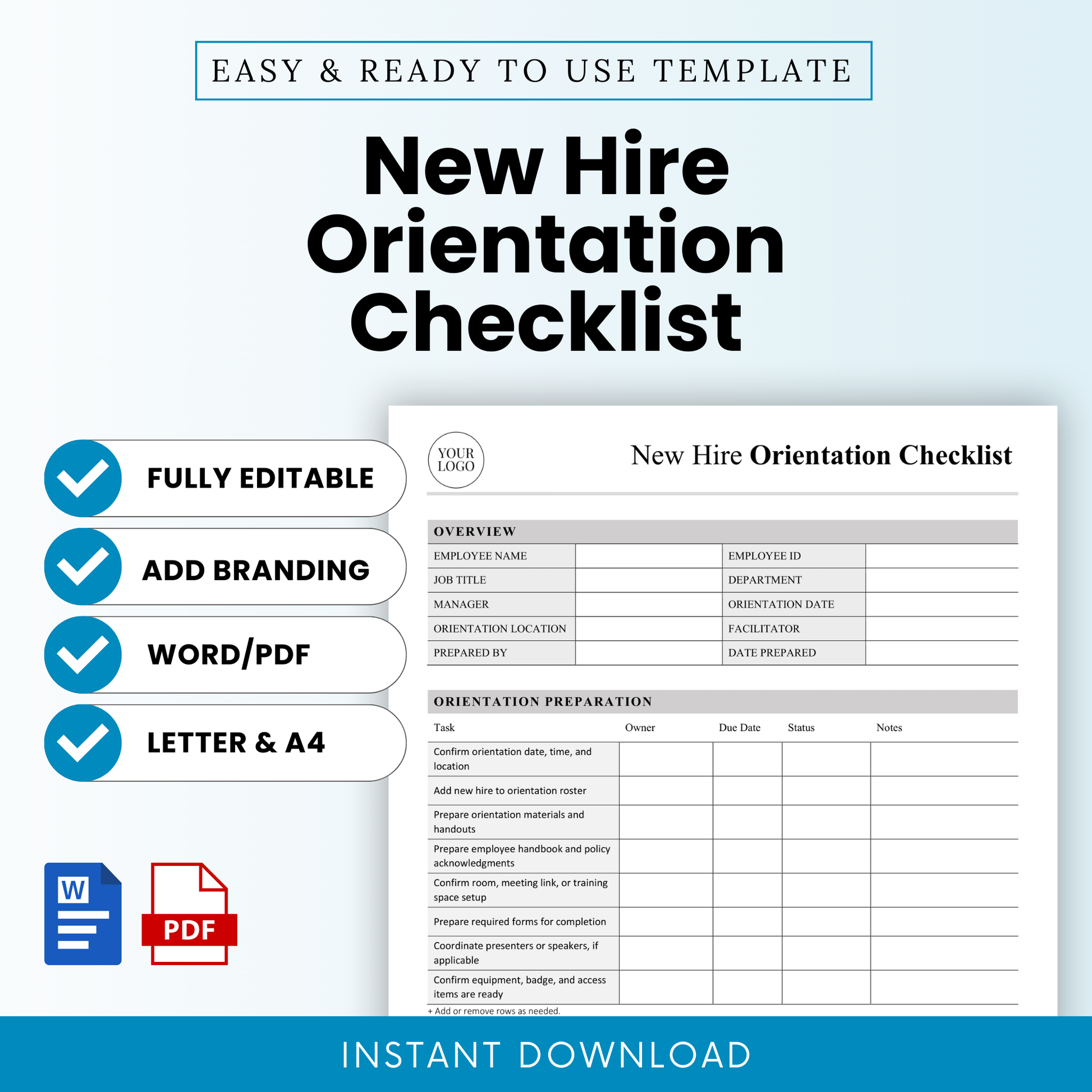 Simple new hire orientation checklist template cover featuring bold title, clean minimalist layout, editable HR onboarding document, Microsoft Word and PDF formats, instant download business template