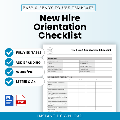 Simple new hire orientation checklist template cover featuring bold title, clean minimalist layout, editable HR onboarding document, Microsoft Word and PDF formats, instant download business template