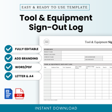 Tool and Equipment Sign-Out Sheet Template for tracking employee usage and inventory. Editable, printable PDF and Word document for  construction job sites.