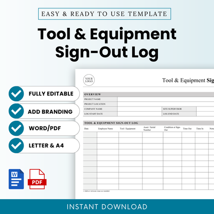 Tool and Equipment Sign-Out Sheet Template for tracking employee usage and inventory. Editable, printable PDF and Word document for  construction job sites.