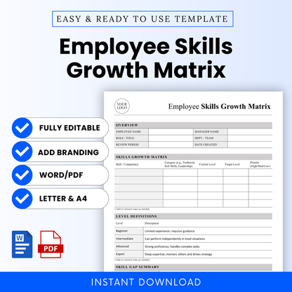 Employee skills growth matrix template cover with modern HR performance review document preview, editable Word and printable PDF, minimalist business template for employee development planning