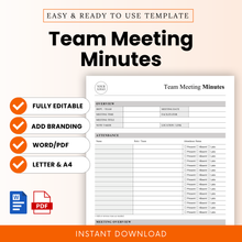 Modern team meeting minutes template with clean layout, editable Word and printable PDF format, includes attendance tracker, meeting overview, and professional business design