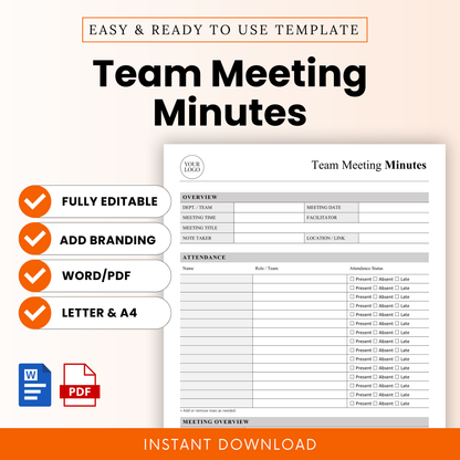 Modern team meeting minutes template with clean layout, editable Word and printable PDF format, includes attendance tracker, meeting overview, and professional business design