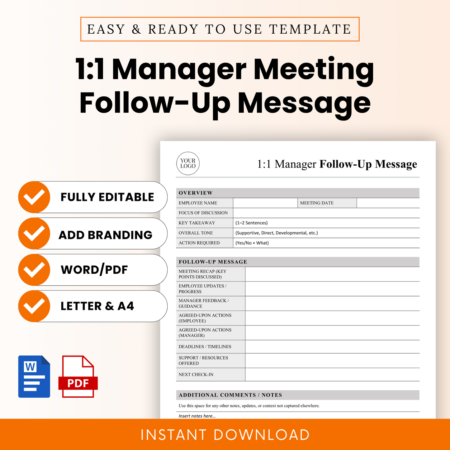 A clean and simple 1:1 manager meeting follow-up template, Word and PDF, designed for employee feedback, performance reviews, and organized HR documentation.