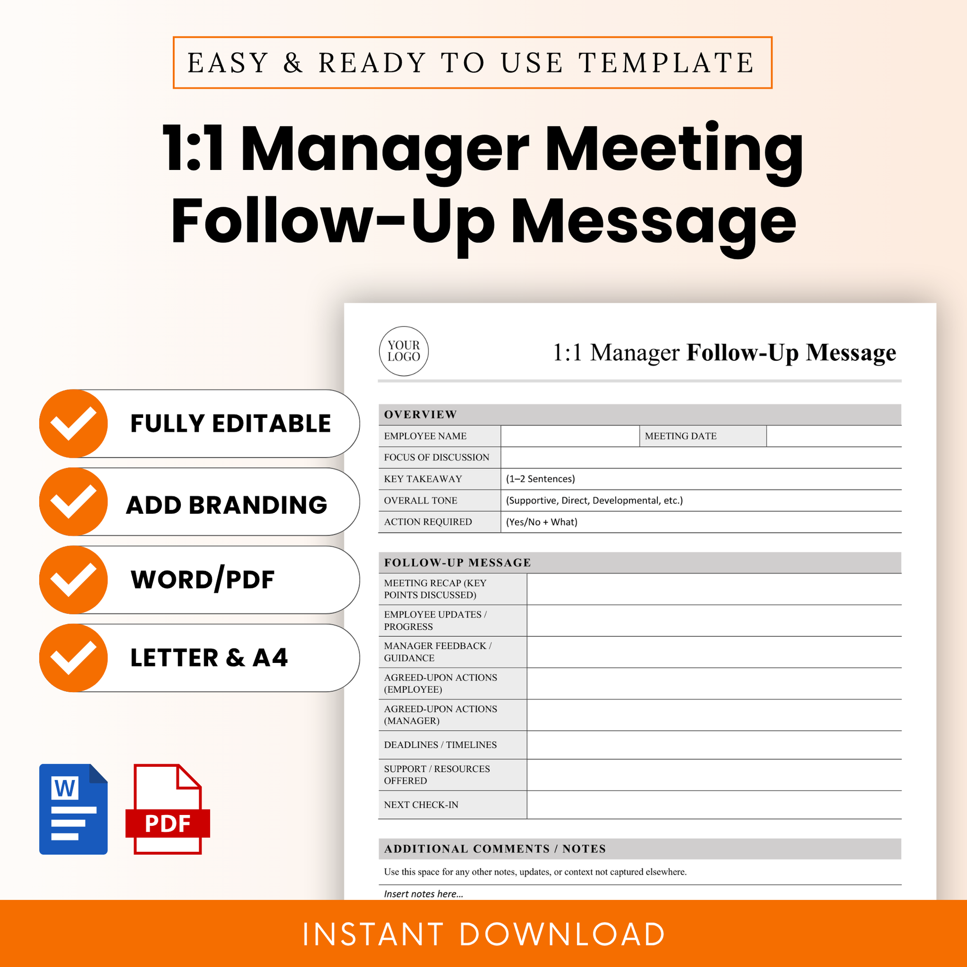 A clean and simple 1:1 manager meeting follow-up template, Word and PDF, designed for employee feedback, performance reviews, and organized HR documentation.
