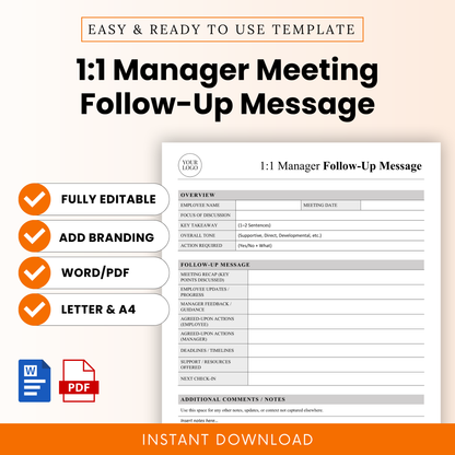 A clean and simple 1:1 manager meeting follow-up template, Word and PDF, designed for employee feedback, performance reviews, and organized HR documentation.