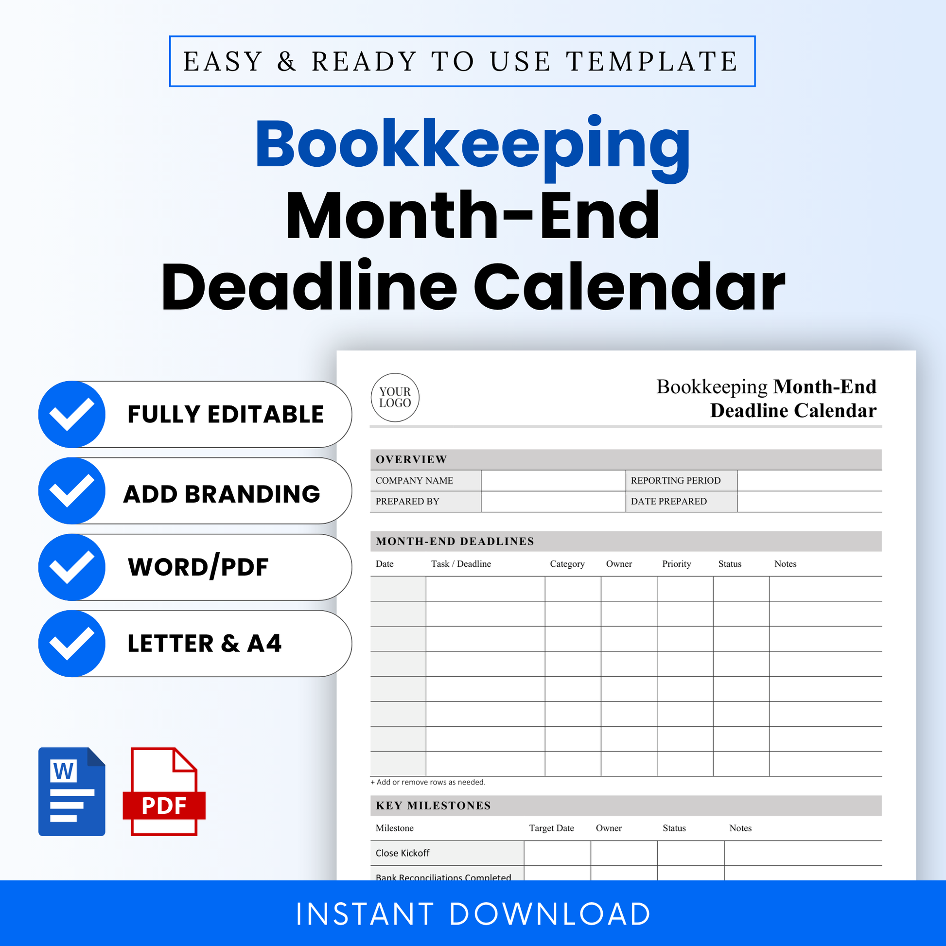 Bookkeeping month-end deadline calendar template cover, accounting workflow planner, finance tracker printable, editable Word PDF bookkeeping checklist for accountants and small business