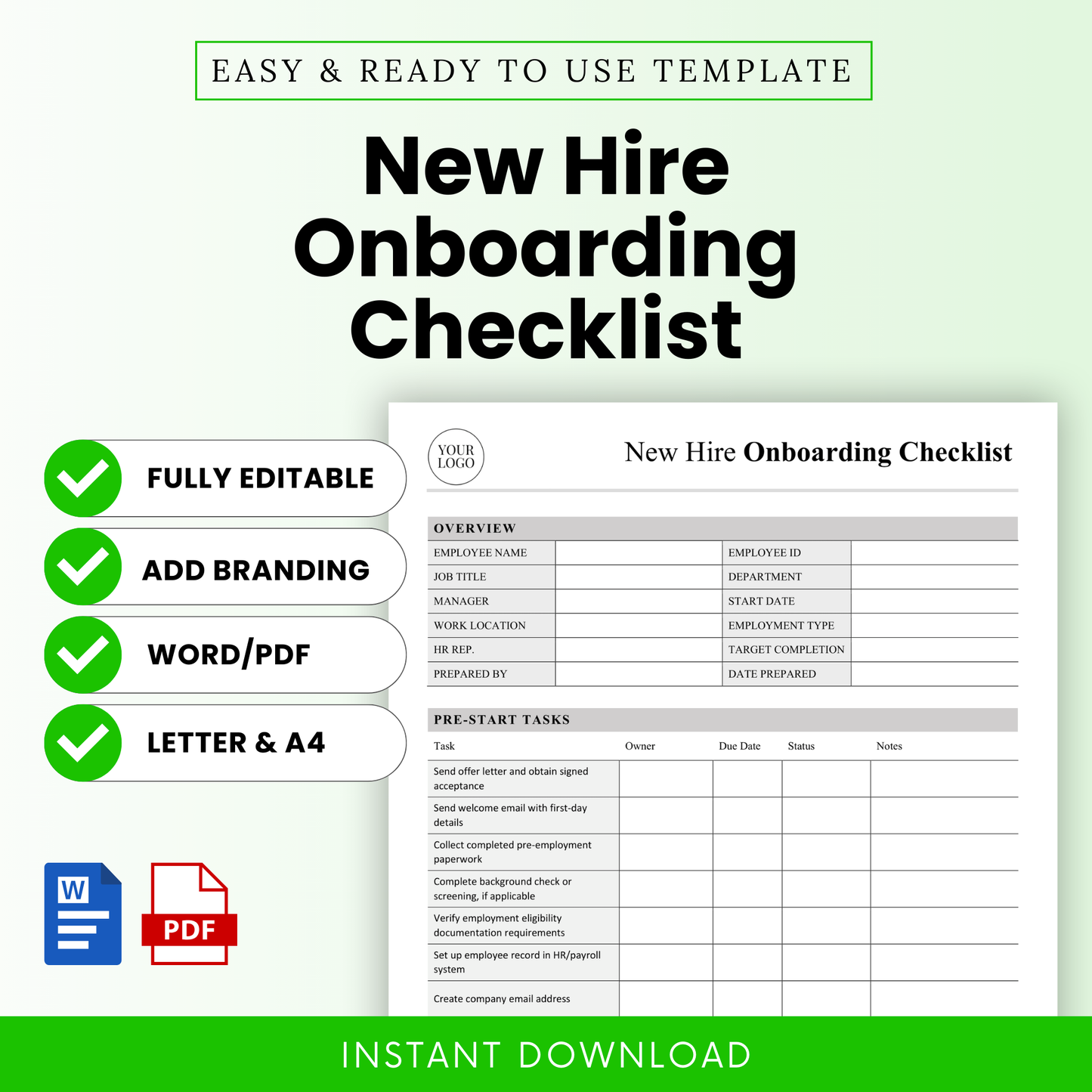 Simple new hire onboarding checklist template with editable fields, HR onboarding form, employee details section, pre-start tasks checklist, Word and PDF download, US Letter and A4 sizes